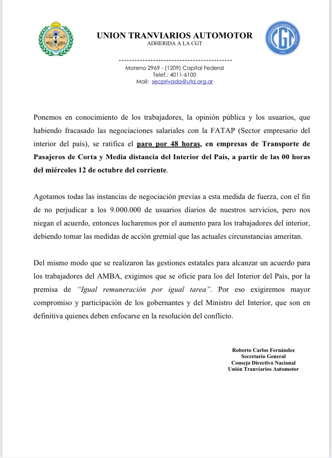 Comunicado de la UTA sobre el paro de 48 horas.