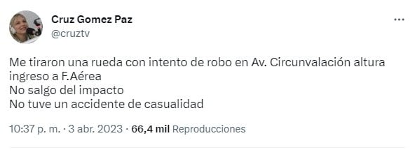 Cruz Gómez Paz compartió un mensaje en su cuenta de Twitter.