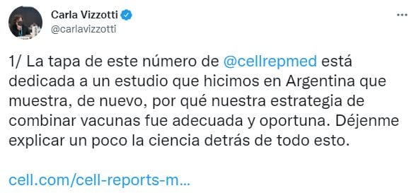 El tuit de Carla Vizzotti sobre la combinación de vacunas.