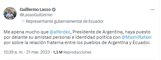 Fuerte cruce entre Fernández y Guillermo Lasso - Twitter