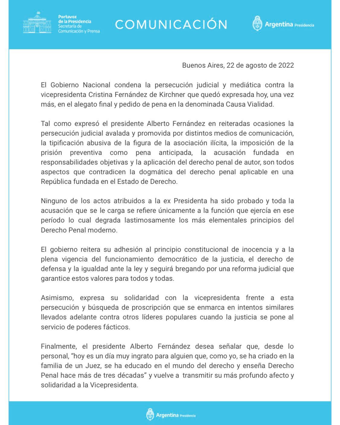 El comunicado que realizó Alberto Fernández en defensa de Cristina Kirchner.