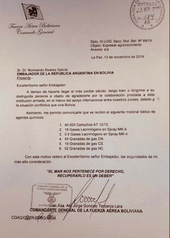 La carta de Jorge Gonzalo Terceros Lara a Normando Alvarez García. (Gobierno de Bolivia)