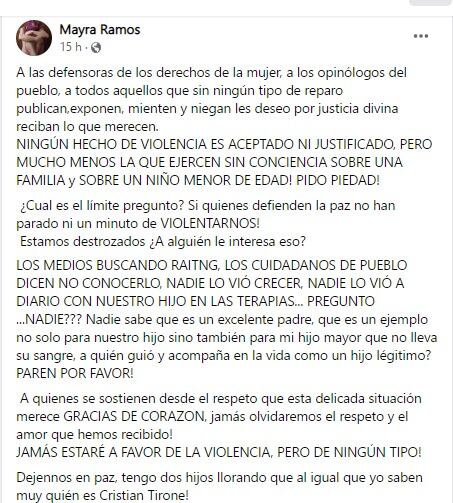 Desesperado pedido de Mayra Ramos expareja de Cristina Tirone: “están empujando a una persona a que se quite la vida”