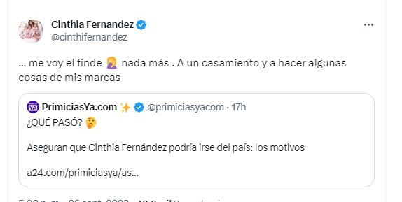 La respuesta de Cinthia Fernández ante las suposiciones por irse del país