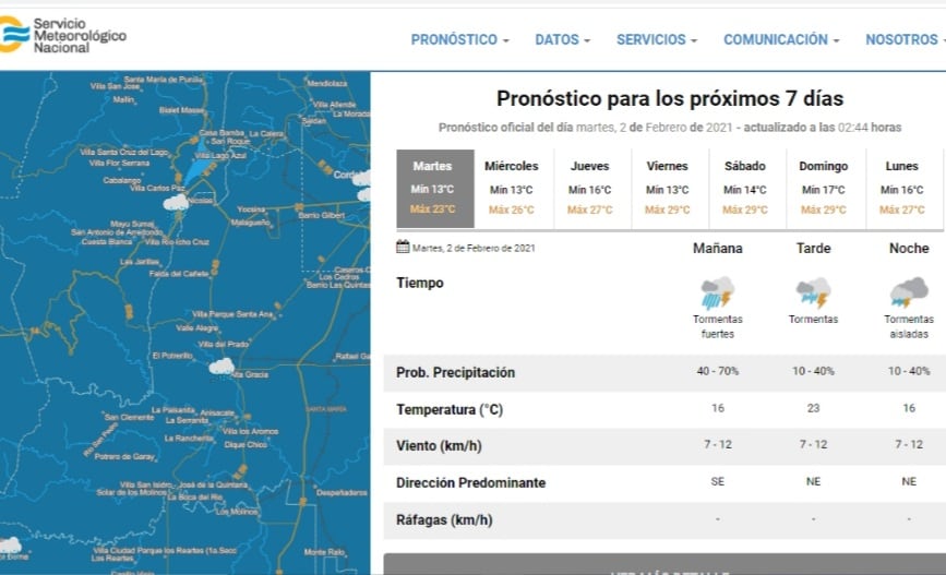 El estado del tiempo para esta primera semana de febrero en Villa Carlos Paz.