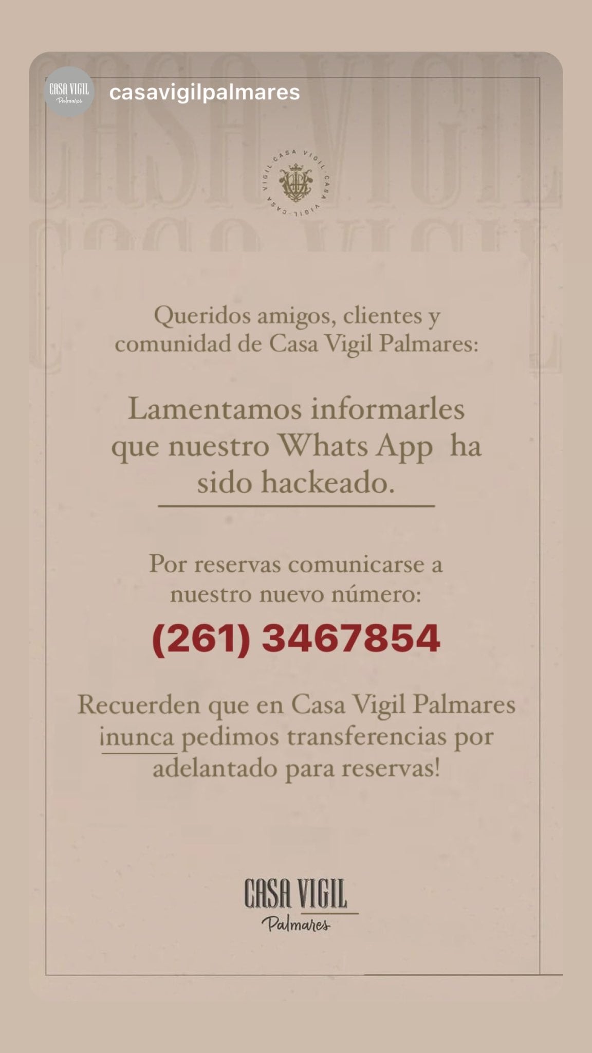 Vigil alertó a sus clientes.