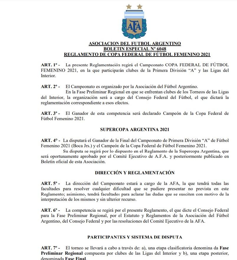 Reglamento Fútbol Femenino - Copa Federal