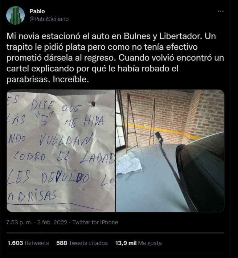 Un trapito se llevó los limpiavidrios porque una mujer no le pagó antes de retirarse.