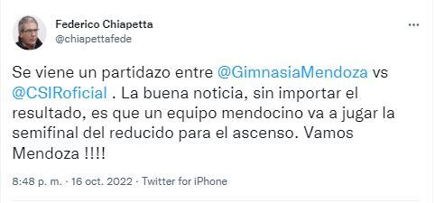 El posteo de Chiapetta con respecto al clásico mendocino.