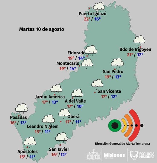 Martes con tiempo inestable y lluvioso en toda la provincia de Misiones.