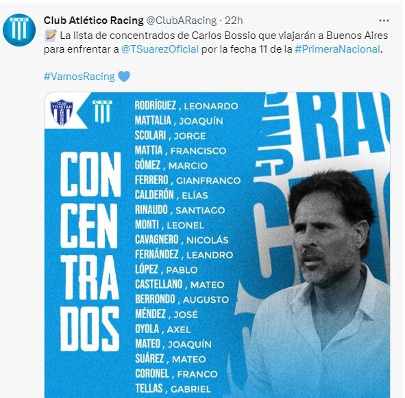 Carlos Bossio realizará cinco cambios en Racing ante Tristán Suárez.