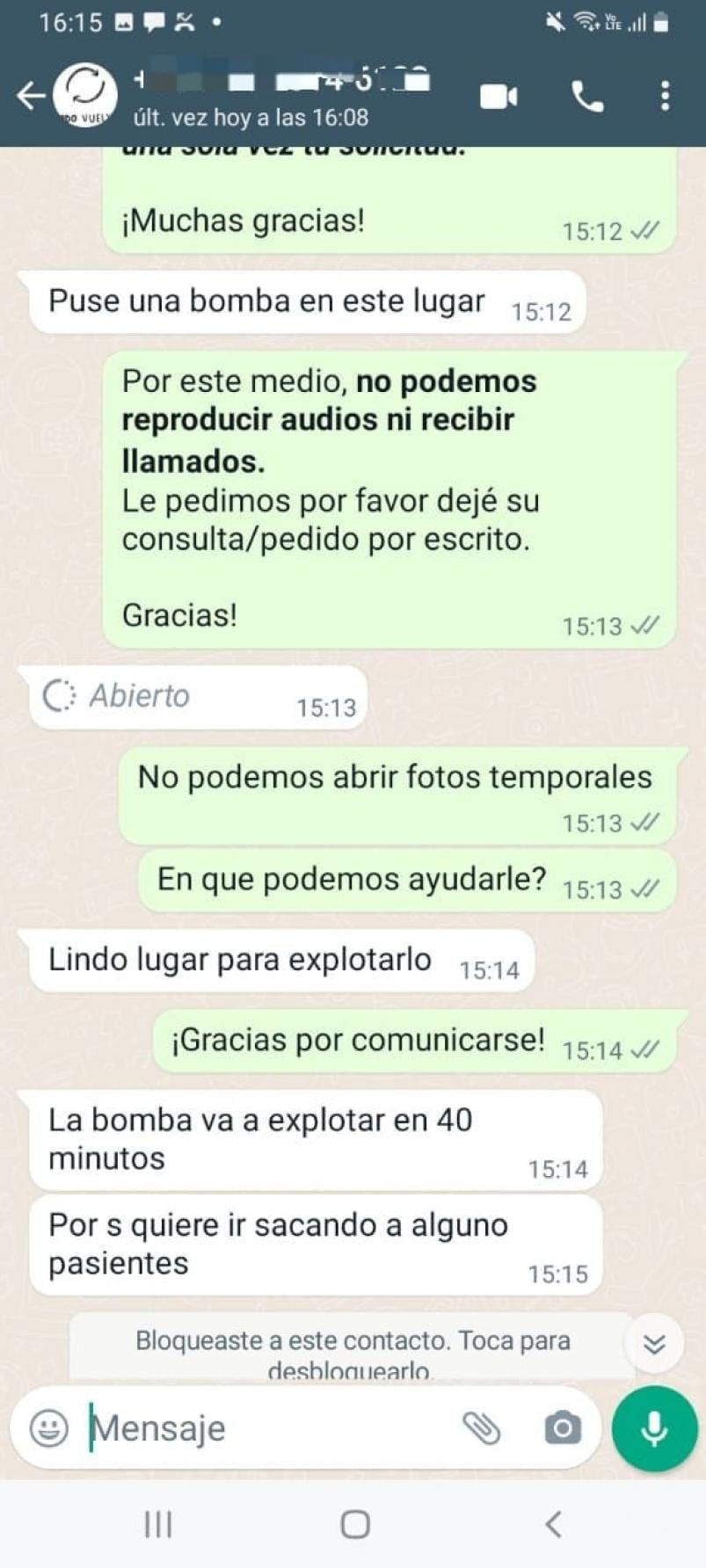 El mensaje con la amenaza de bomba.