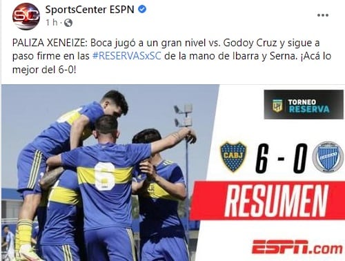 Resumen de la goleada de Boca Juniors a Godoy cruz en Reserva.