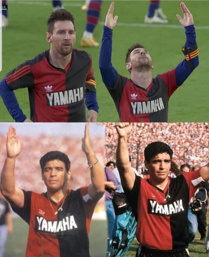 El delantero del Barcelona posó con la histórica camiseta que Diego utilizó cuando jugó en Newell’s en 1993.