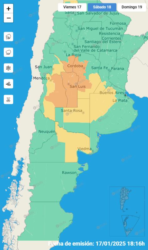 Sábado 18 de enero: alerta naranja por tormentas en Córdoba, San Luis, Mendoza y La Rioja. (SMN)