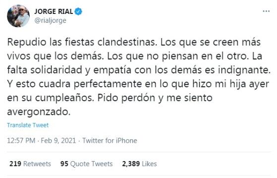 Jorge Rial pidió perdón por la fiesta que hizo Morena, su hija, para celebrar sus 22 años.