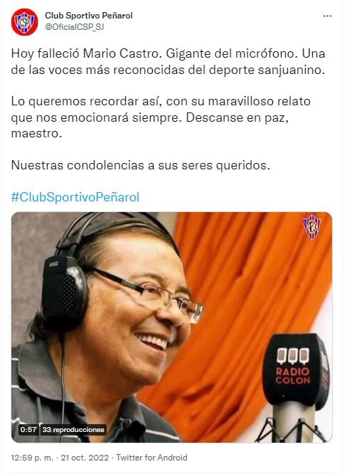 Despedida a Mario Castro en redes sociales.