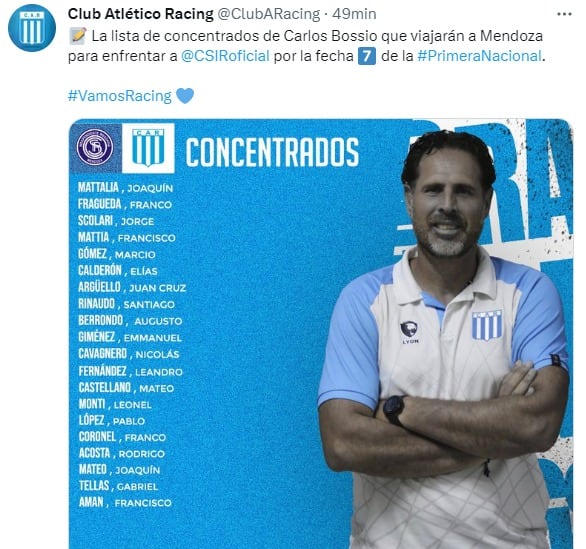 La lista de viajeros en Racing, sin Calidad Rodríguez.