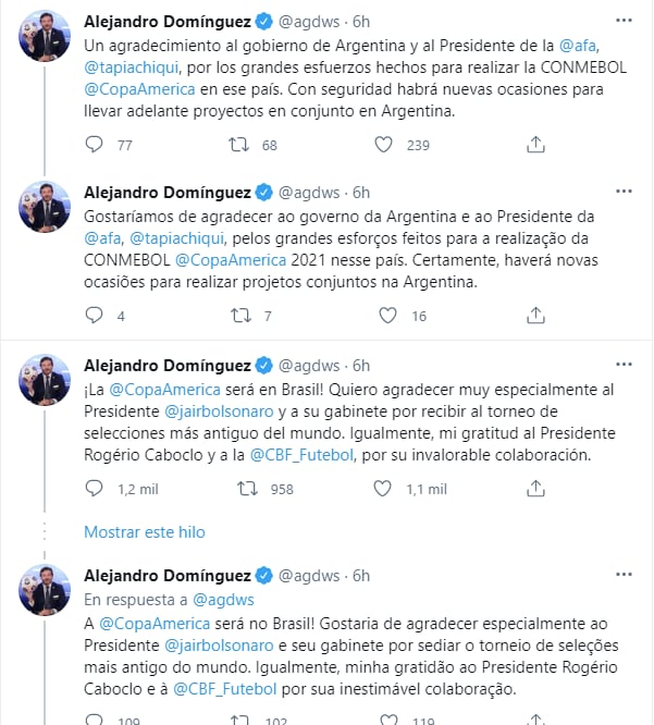 Copa América: El presidente de la Conmebol, Alejandro Domínguez, envió mensajes de “agradecimiento” al Gobierno argentino y a la AFA.