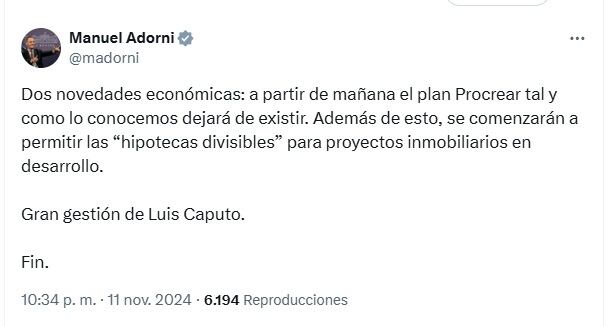 Adorni anunció el "fin del plan Procrear".