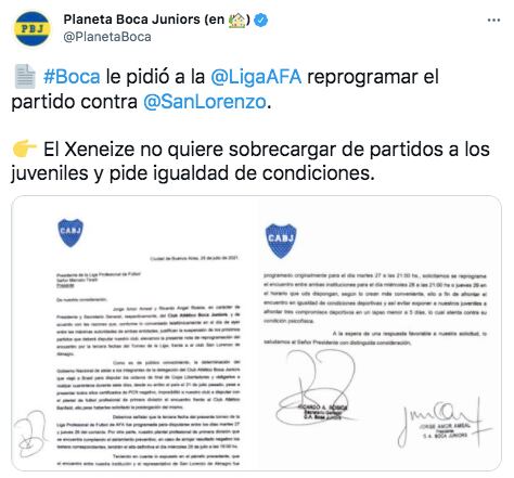 Boca pidió postergar el clásico ante San Lorenzo.