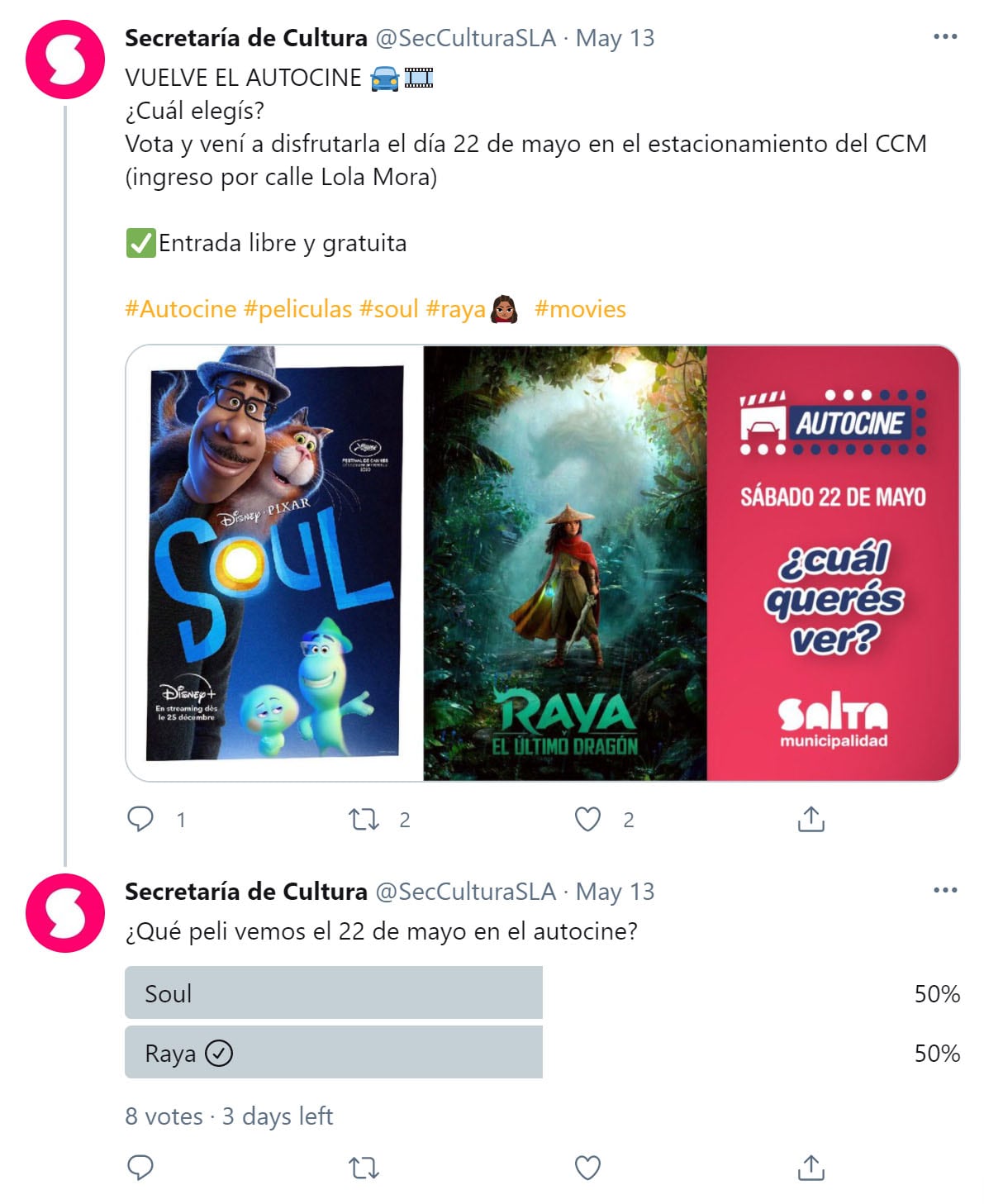 La función es el sábado 22 de mayo y puede votarse una de dos películas de Disney.