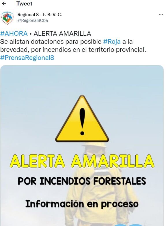 El aviso de los Bomberos Voluntarios Región 8, en un tweet.