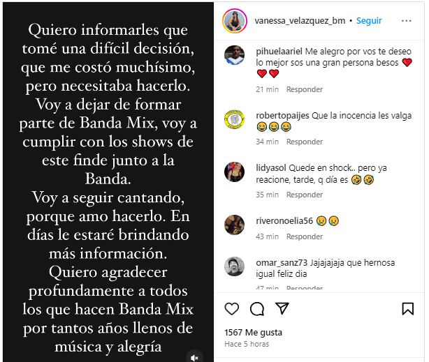 El posteo de Vanessa Velázquez sobre su salida de Banda Mix.