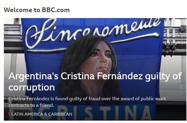 La BBC reflejó la sentencia a la Vicepresidenta. 