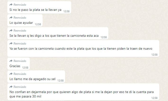 Mensaje 12: avisan que si no transfiere el dinero, se llevan la camioneta