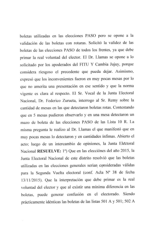 El acta de la Junta Nacional Electoral - Distrito Jujuy de la audiencia en la que resolvió validar las boletas de las PASO para los comicios generales de este domingo.