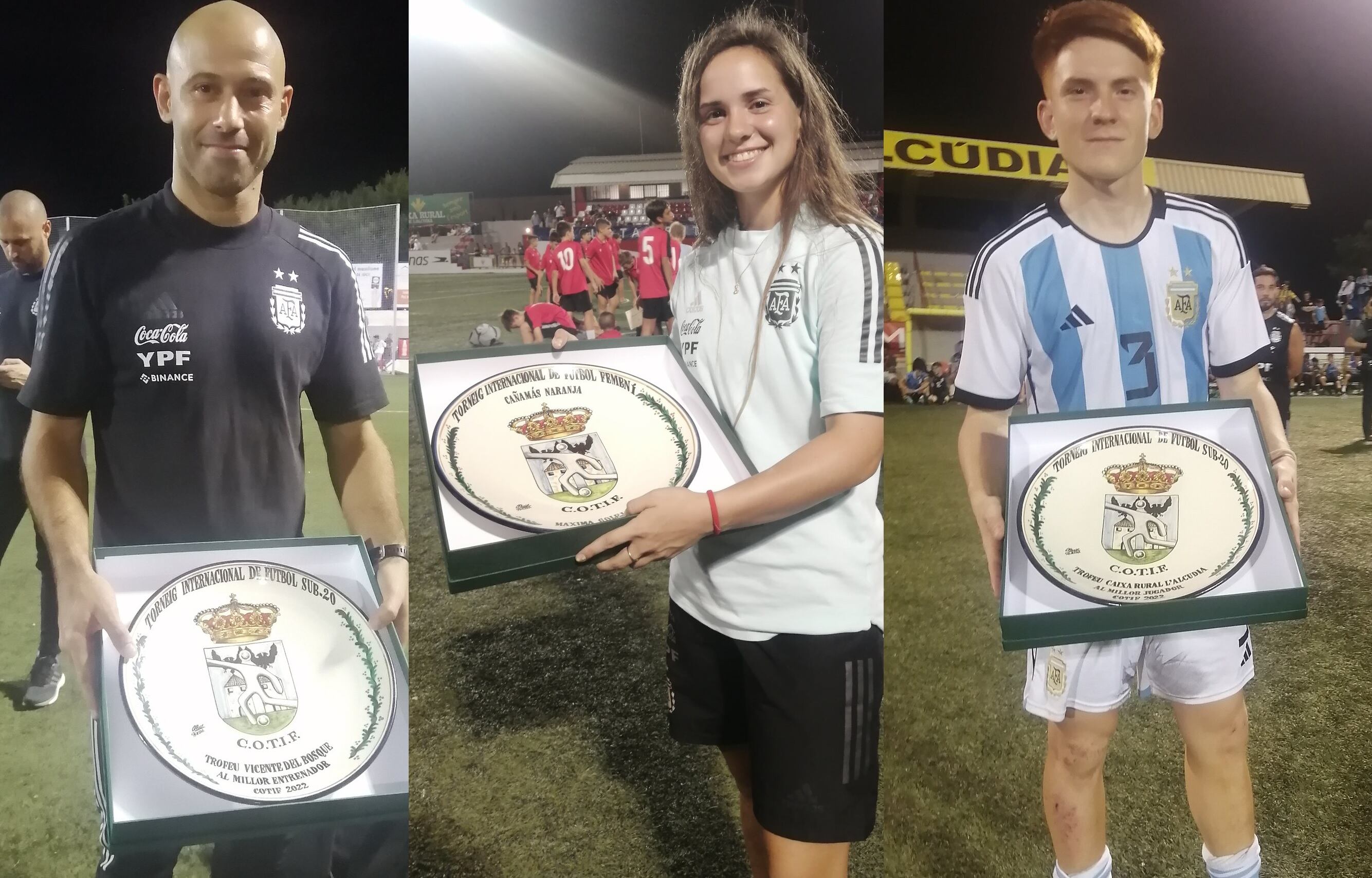 Los premiados en España: Mascherano como mejor entrenador, Agostina Holzheier goleadora del certamen femenino y Valentín Barco, mejor jugador en el torneo masculino.