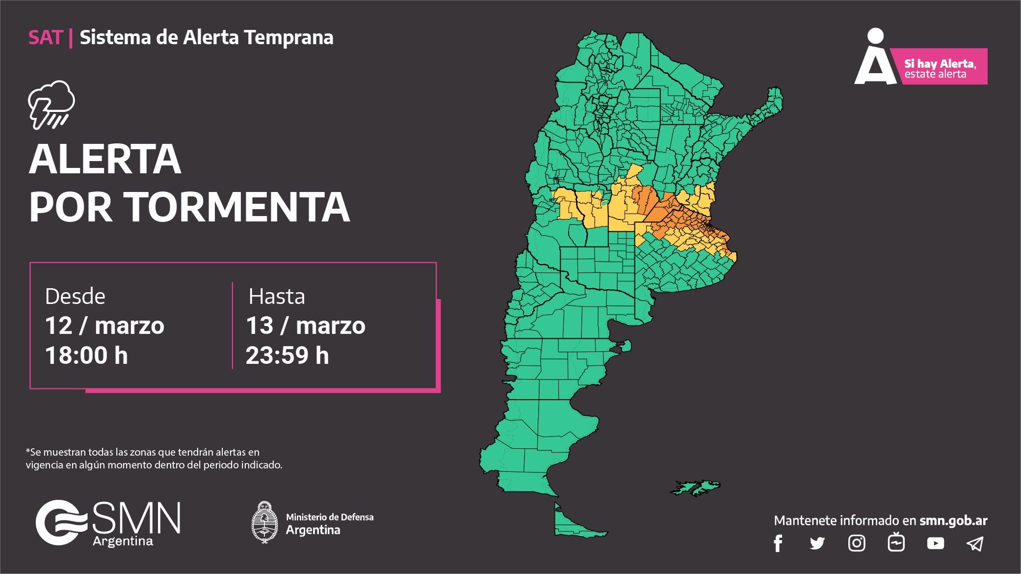 Rigen alertas amarilla y naranja para el sur de Córdoba.