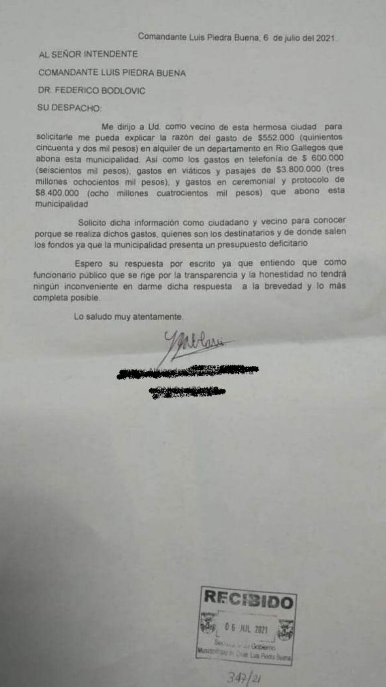 La nota fue recibida en la mesa de entradas de la Secretaría de Gobierno municipal.