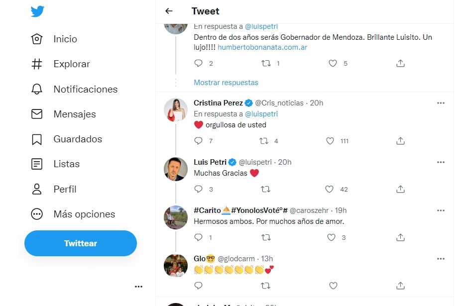 Cristina Pérez y Luis Petri en Twitter.