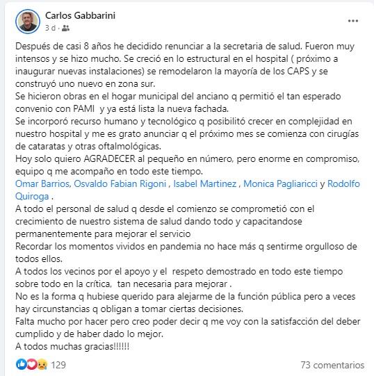 Carlos Gabbarini dio las razones por las que dejó la secretaría de Salud.