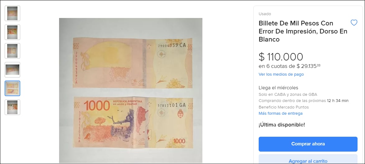 El billete de $1000 con un importante error de impresión que compran por más de $100.000