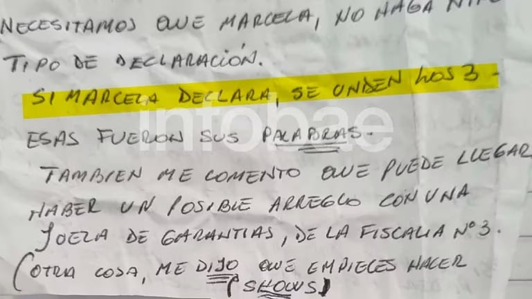 La carta que habría llevado Marcelina Sena.