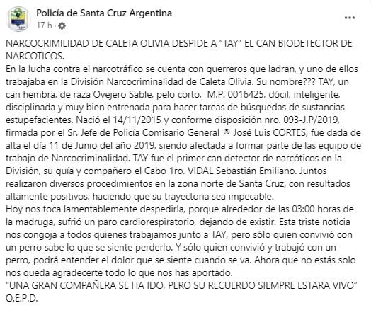 Las palabras de despedida para "Tay" de la Policía de Santa Cruz.