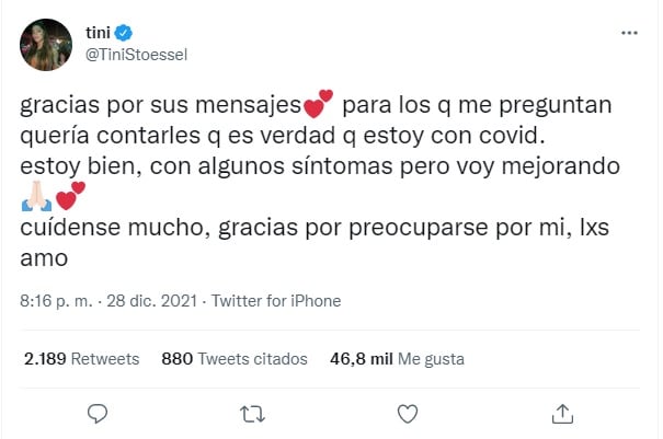 El mensaje de Tini Stoessel tras contraer coronavirus.