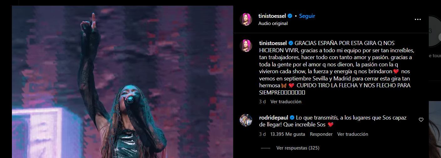 Comentario de Rodigo de Paul a Tini Stoessel