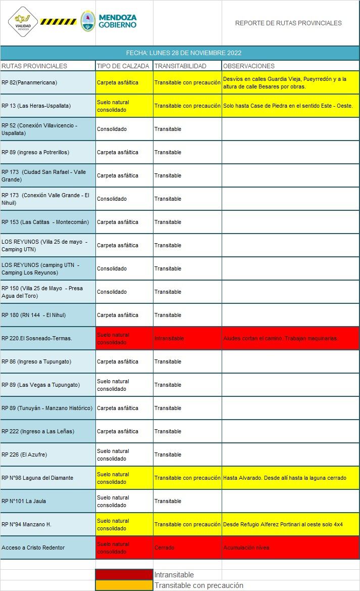 Así están las rutas en Mendoza.