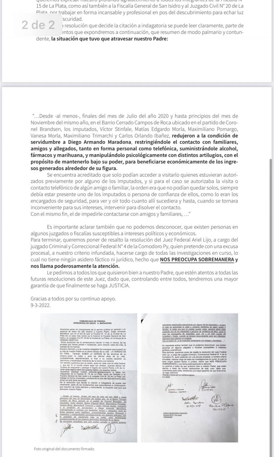 En el comunicado de la familia Maradona se encuentran seis nombres de personas que estuvieron junto a Diego en sus últimos años.