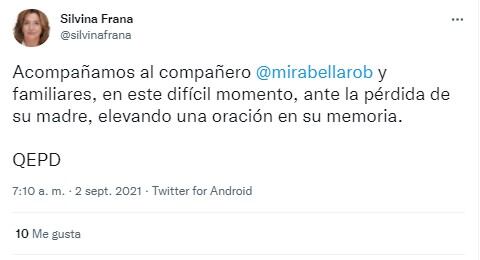 Condolencias por el fallecimiento de la mamá de Roberto Mirabella