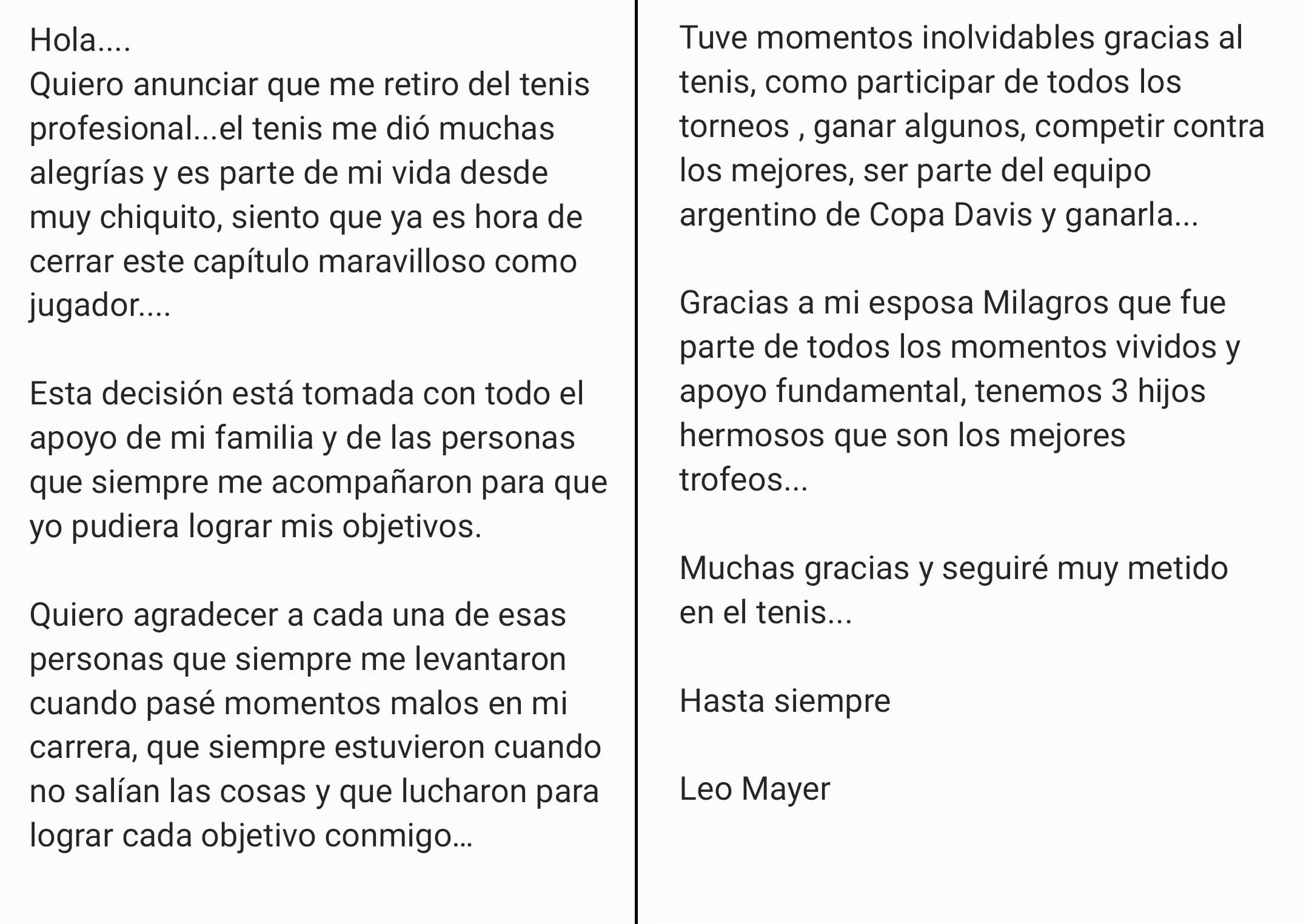 Leo Mayer puso punto final a su carrera como tenista.