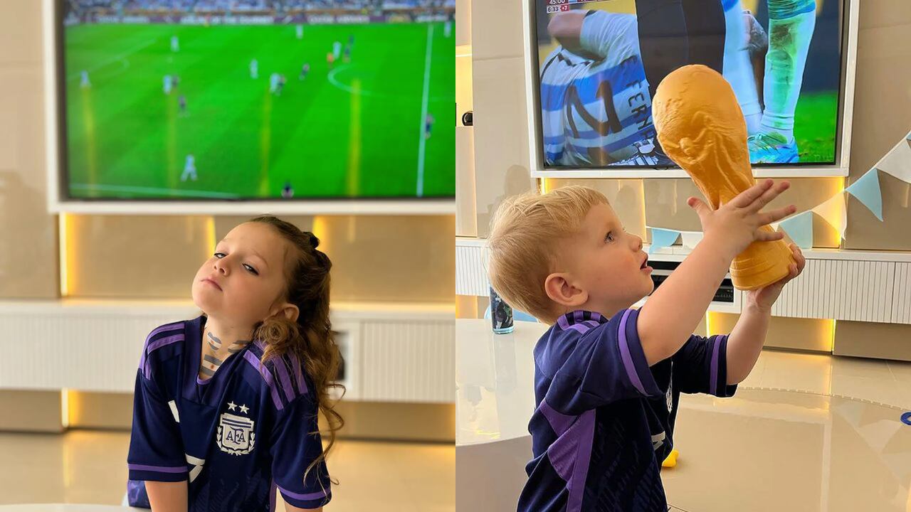 Los hijos de Rodrigo de Paul y Camila Homs durante la final. 