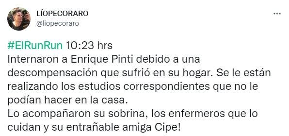 El tuit de Lío Pecoraro sobre la salud de Enrique Pinti