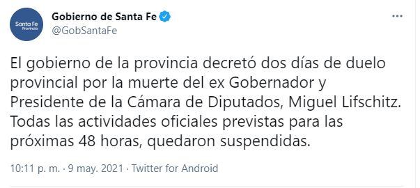 Duelo por 48 horas por la muerte de Miguel Lifschitz.