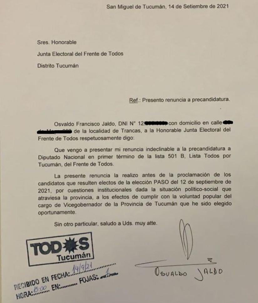 Jaldo renunció a la candidatura a Diputado Nacional.