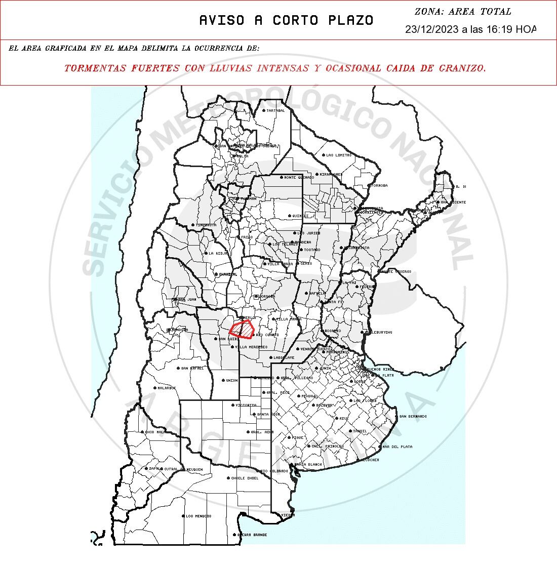 Alerta emitida este sábado a las 16.19.